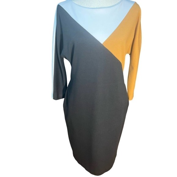 3/$27 Ellen Tracy Color Block Knitted Dress, 3/4 Sleeve, Blk/Brown/White, 10 - Picture 3 of 10